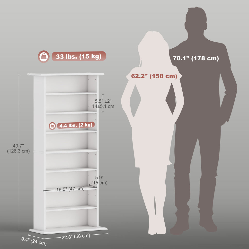 8-Tier DVD Shelf with 6 Adjustable Shelves, Slim CD Shelf, Holds 360 CDs, 185 DVDs or 185 Blu-rays, White