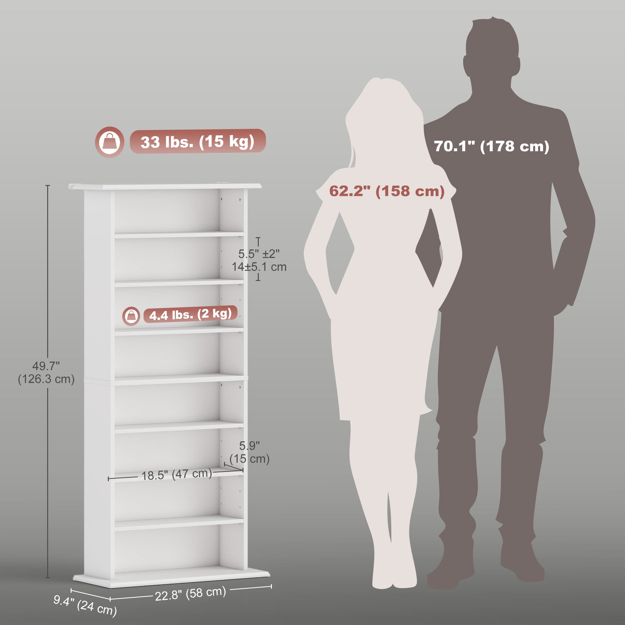 8-Tier DVD Shelf with 6 Adjustable Shelves, Slim CD Shelf, Holds 360 CDs, 185 DVDs or 185 Blu-rays, White