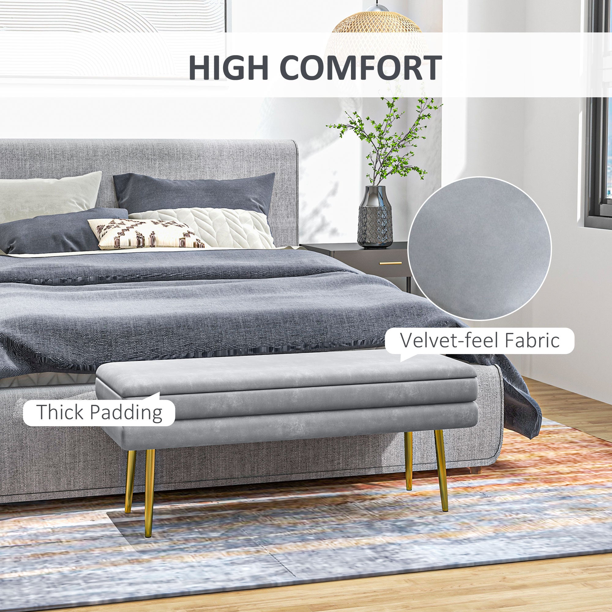 39" Storage Ottoman, Velvet End of Bed Bench with Steel Legs, Foot Stool with Storage for Bedroom, Living Room
