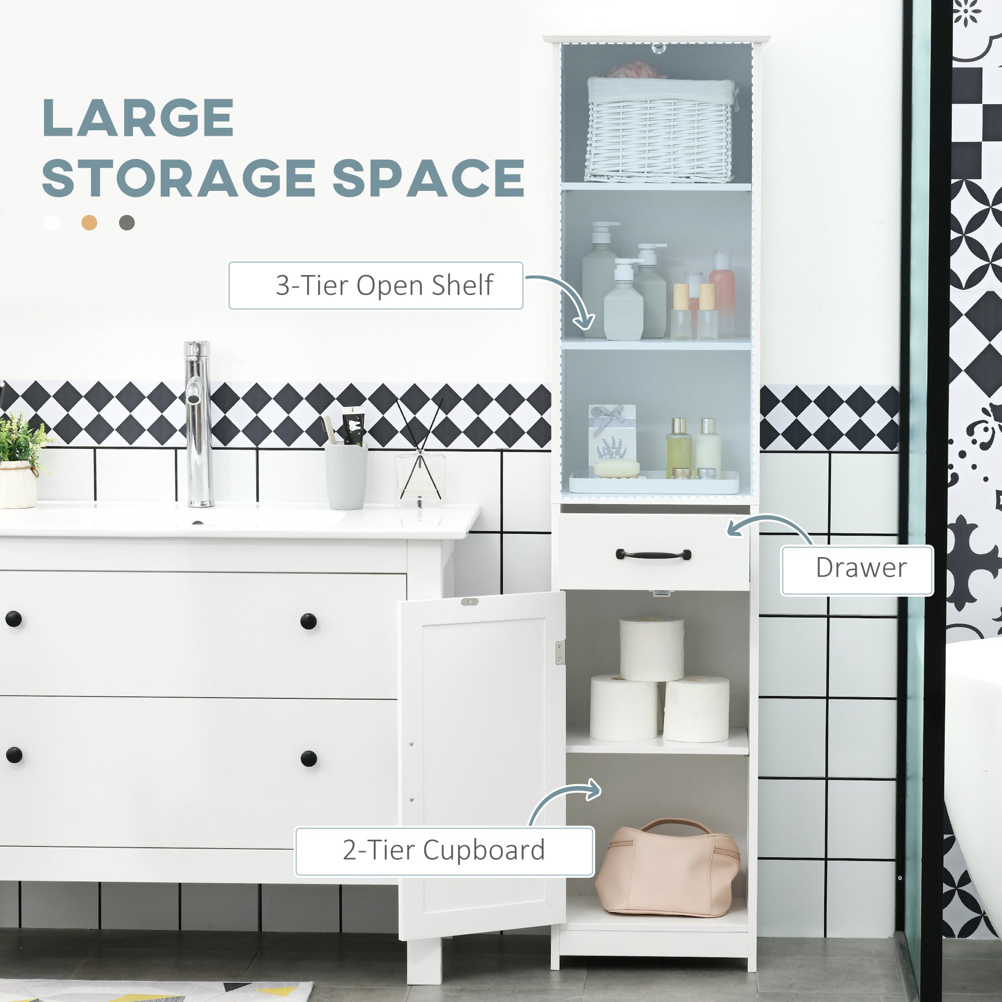 Modern Bathroom Cabinet, Narrow Bathroom Vanities with 3 Open Shelves, Drawer and Adjustable Shelf, White
