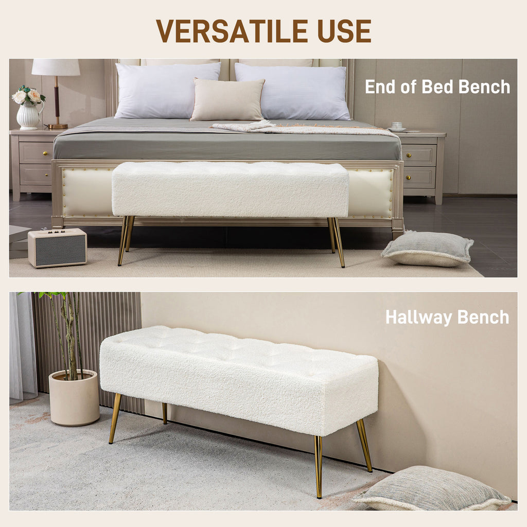 44" Lamb's Wool-Feel Upholstered Bedroom Bench, End of Bed Bench with Thick Padded Cushion and Steel Legs, Cream White