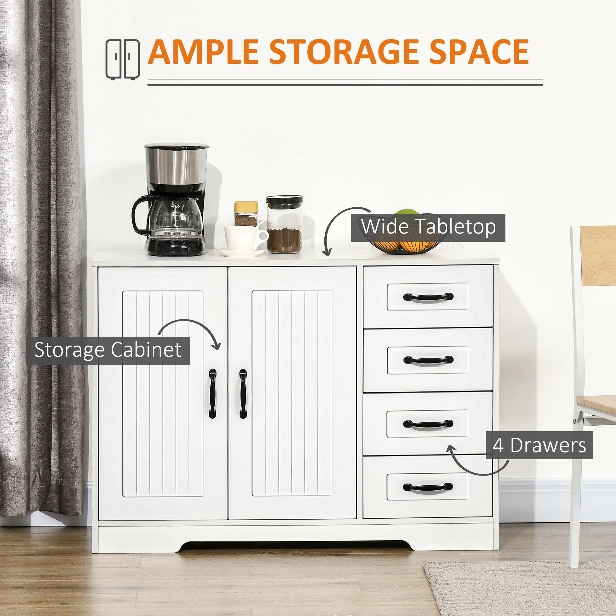 Modern Sideboard Buffet Cabinet with Drawers and Beadboard Door Cupboard Kitchen Storage Cabinet White