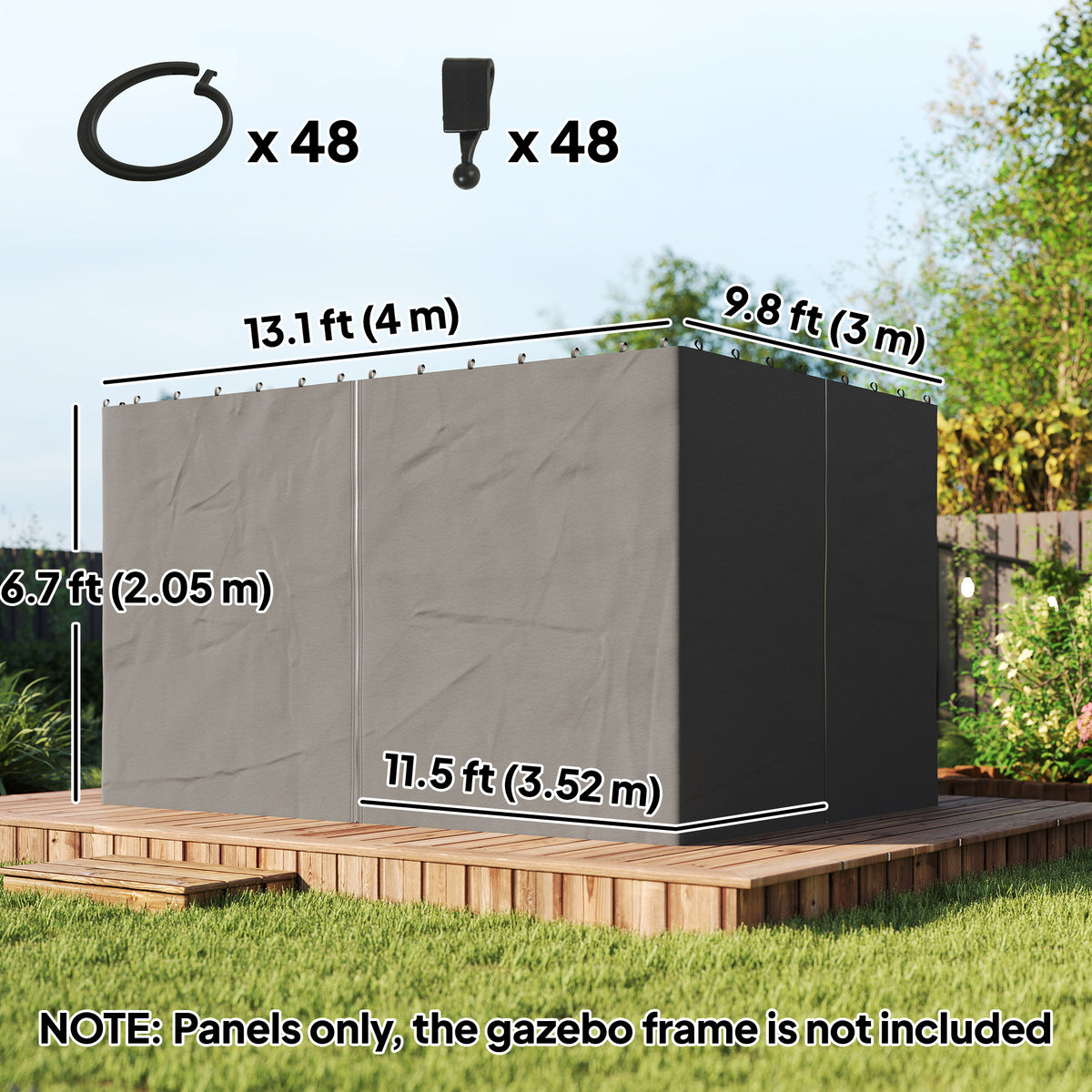 Gazebo Curtains, 10' x 12' Universal Replacement Privacy Curtain, 4-Panels Sidewall with Hooks/C-Rings, Brown