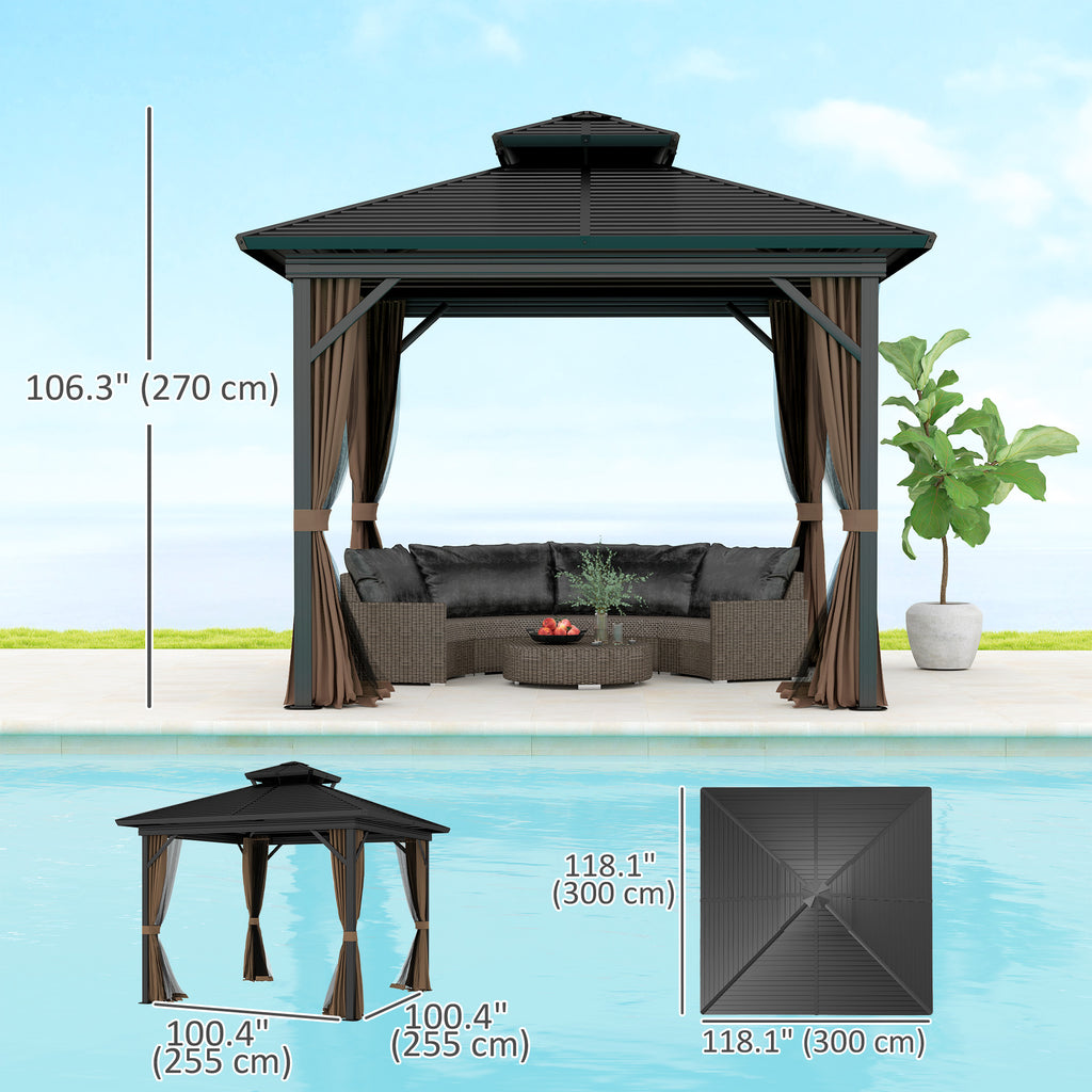 10' x 10' Hardtop Gazebo, Sun Shelter with Double Tier Metal Roof, Mosquito Netting, and Hanging Hook, Dark Brown