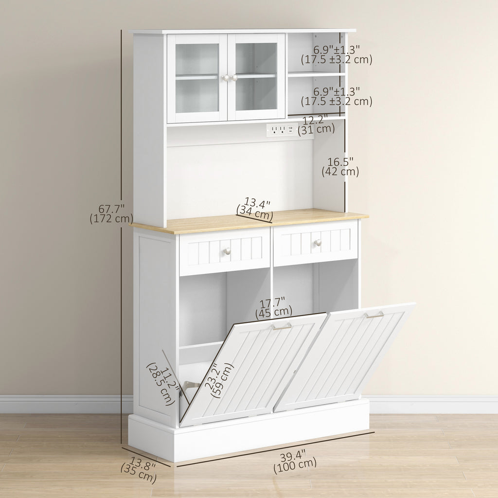Kitchen Cabinet with Charging Station, 2 Tilt Out Cabinets, Microwave Stand, Freestanding Kitchen Pantry Cabinet, White