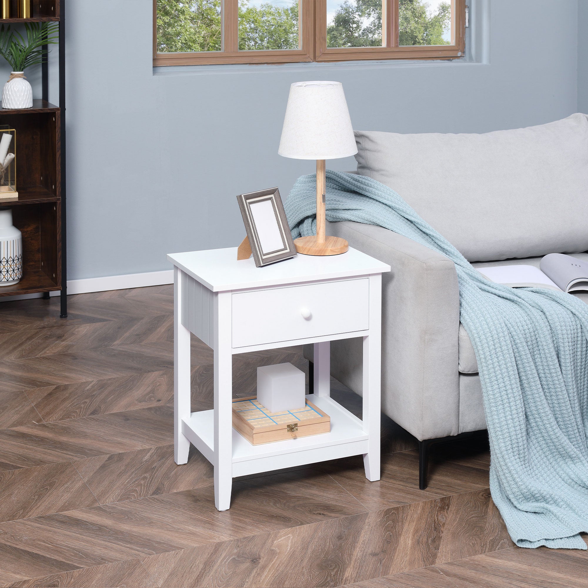 Modern Style Nightstand, Small End Table with Drawer and Storage Shelf for Bedroom, Living Room, White
