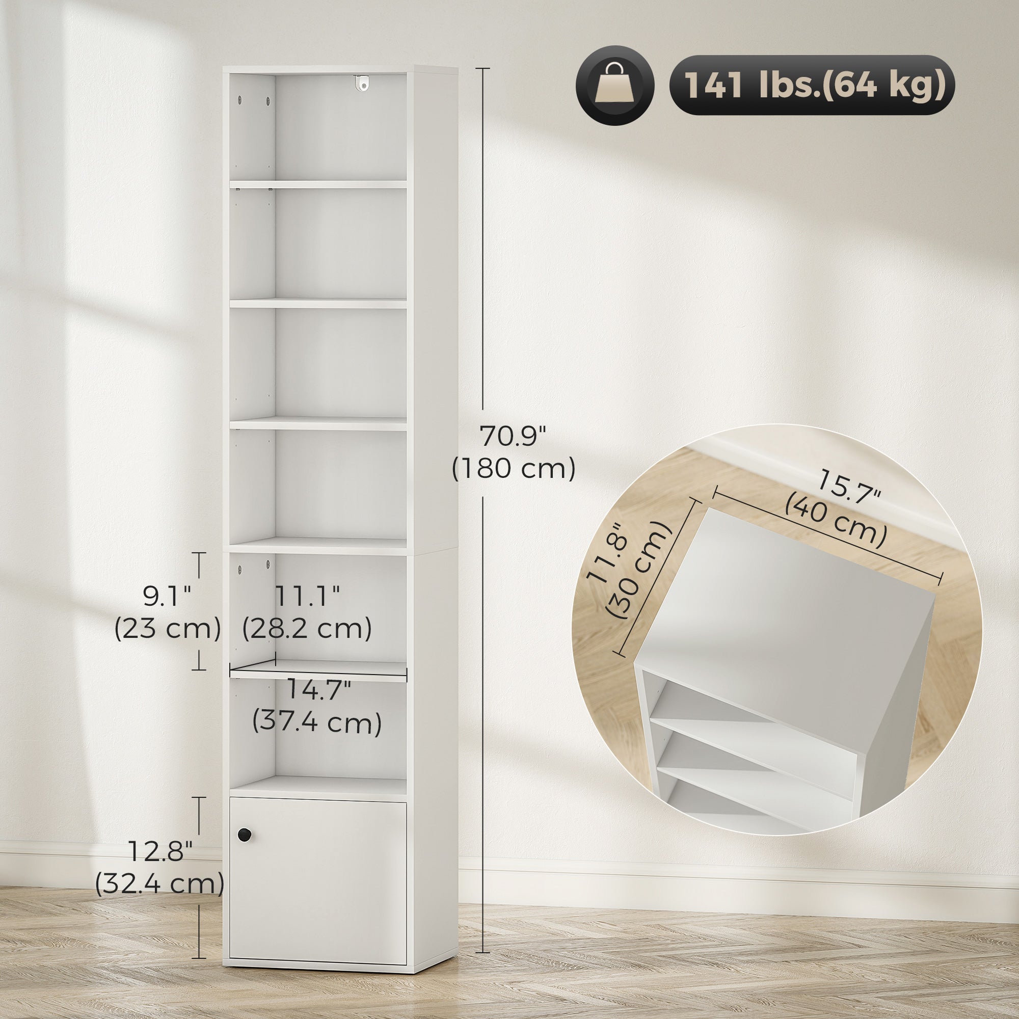 7-Tier Bookcase, Display Shelf Unit with Adjustable Shelf and Cabinet, White