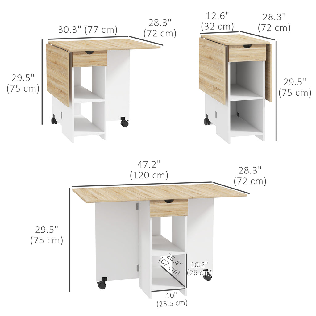 Folding Dining Table, Space Saving Drop Leaf Table with Drawer and Storage Shelves for Kitchen, Dining Room, Oak