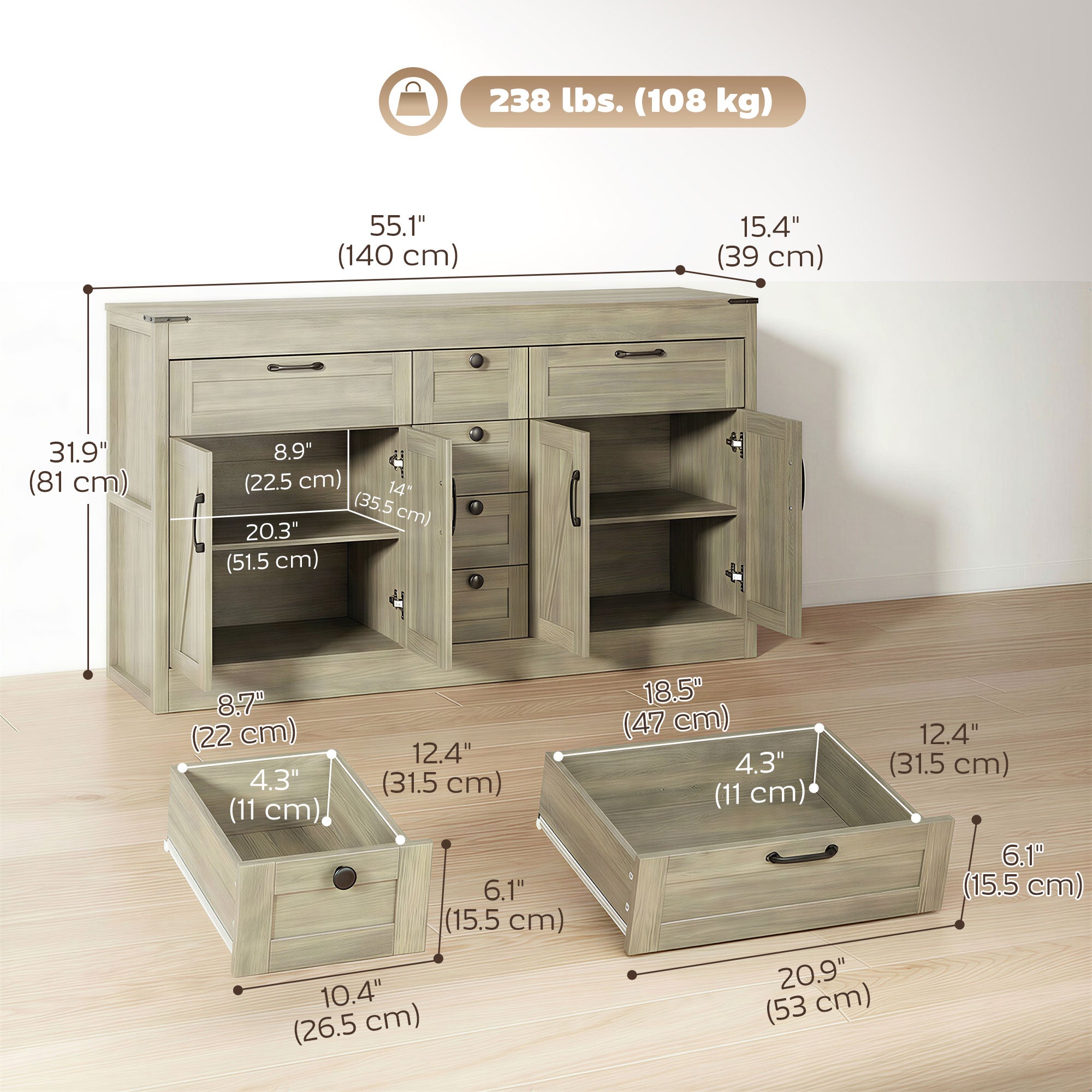 Sideboard Buffet Cabinet, 55" Farmhouse Kitchen Cabinet with 4 Barn Doors, 6 Drawers and 2 Adjustable Shelves, White