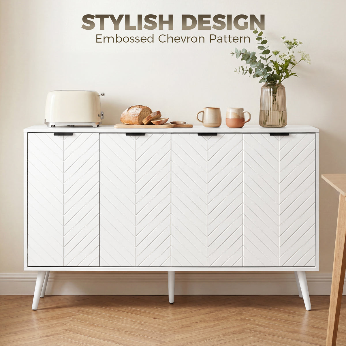 Modern Sideboard and Buffet, Dining Room Cabinet with Adjustable Shelves and 4 Doors, Black