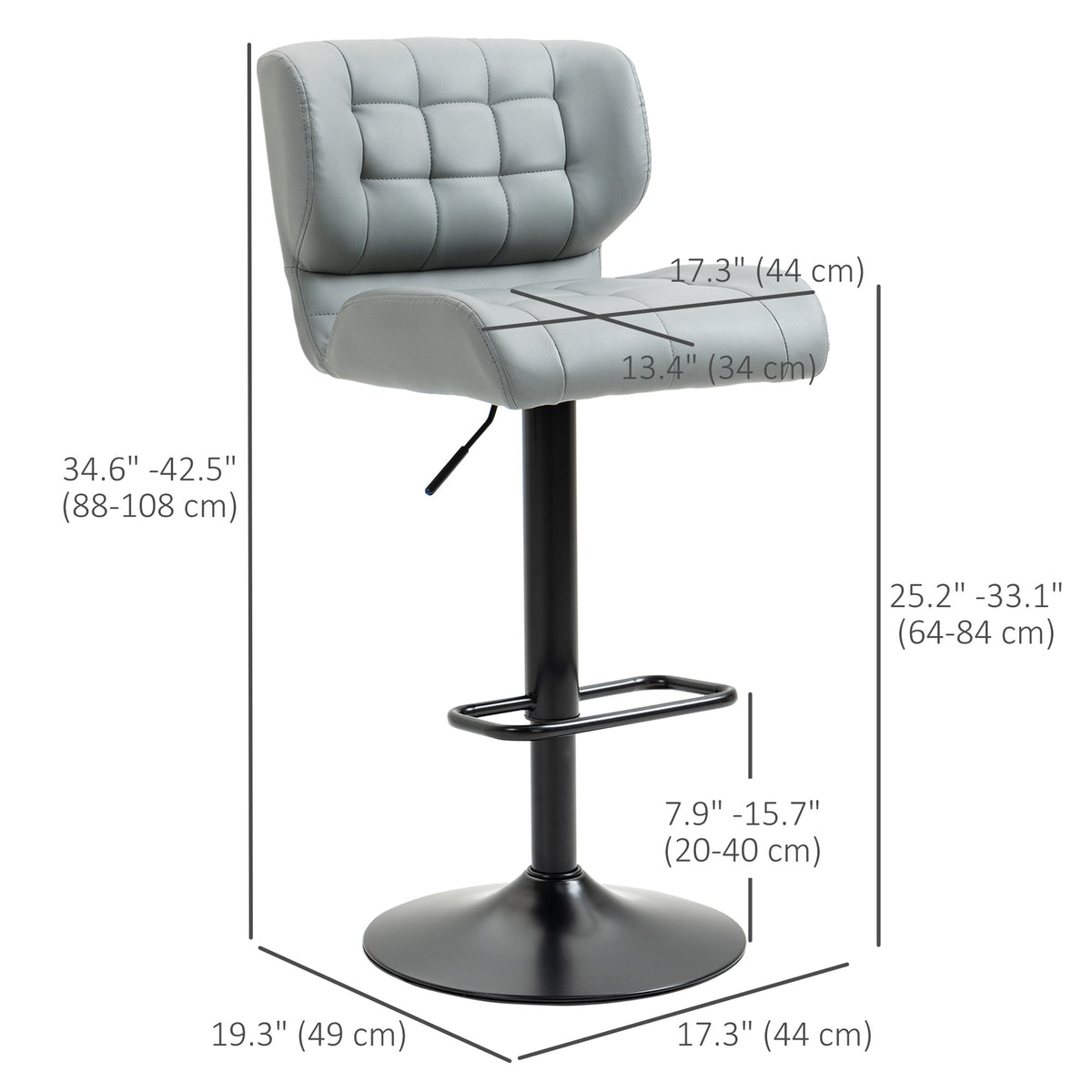 Swivel PU Leather Barstools Set of 2 Adjustable Bar Stools with Footrest Back for Kitchen Counter Dining Room Black