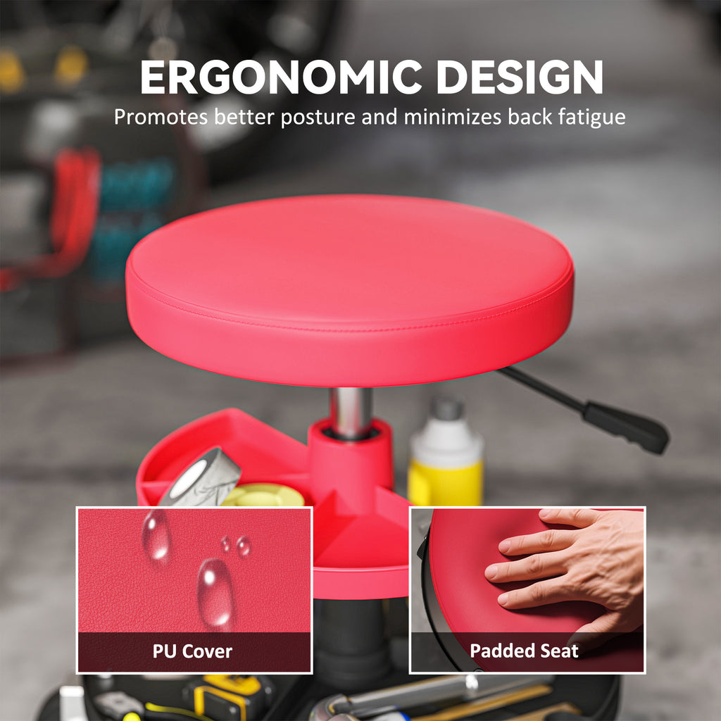 Rolling Garage Stool, 300 LBS Capacity Mechanic Stool with 2.5" Wheels, Tool Trays Storage, Adjustable Height, Red