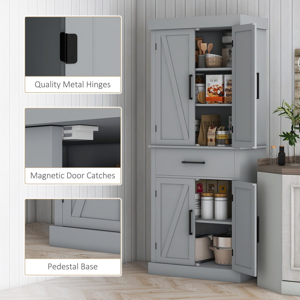 72" Farmhouse Kitchen Cabinet, Kitchen Pantry Cabinet with 4 Barn Doors, Drawer, Adjustable Shelves, Grey