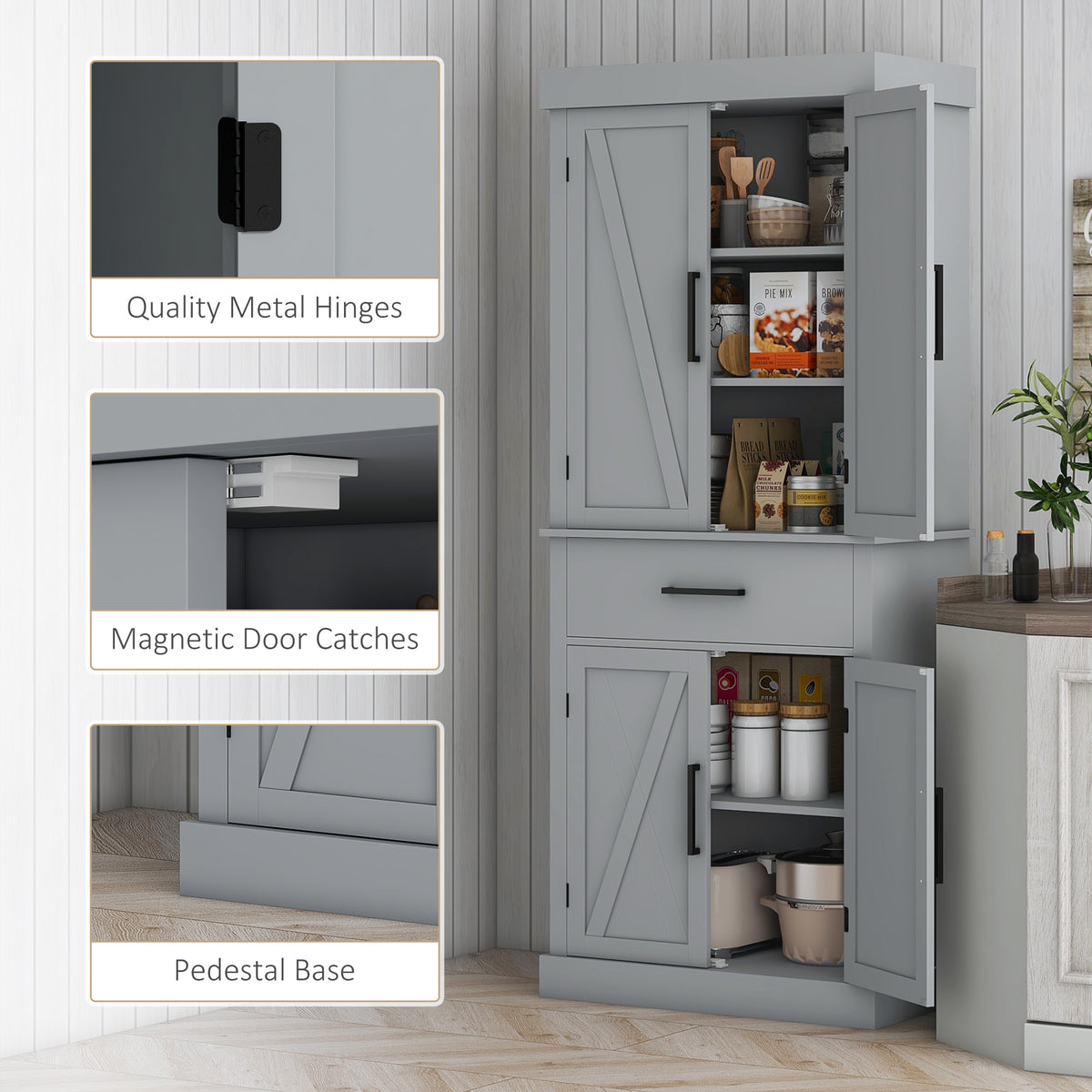 72" Farmhouse Kitchen Cabinet, Kitchen Pantry Cabinet with 4 Barn Doors, Drawer, Adjustable Shelves, Grey