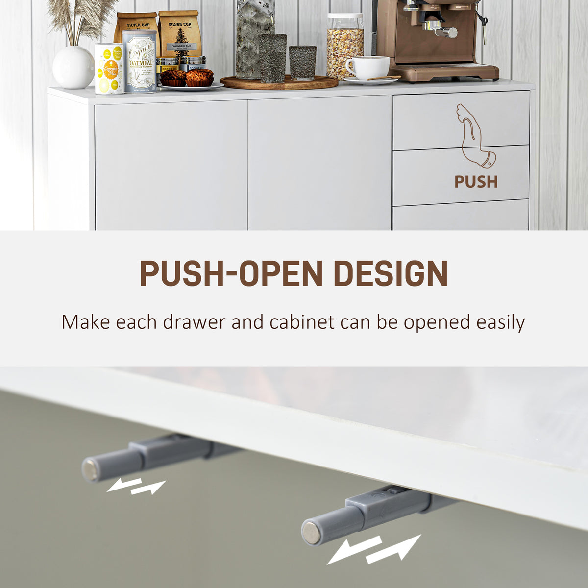 Kitchen Sideboard Storage Cabinet, Modern Coffee Bar with Push-Open Design and 2 Drawers for Living Room, Black
