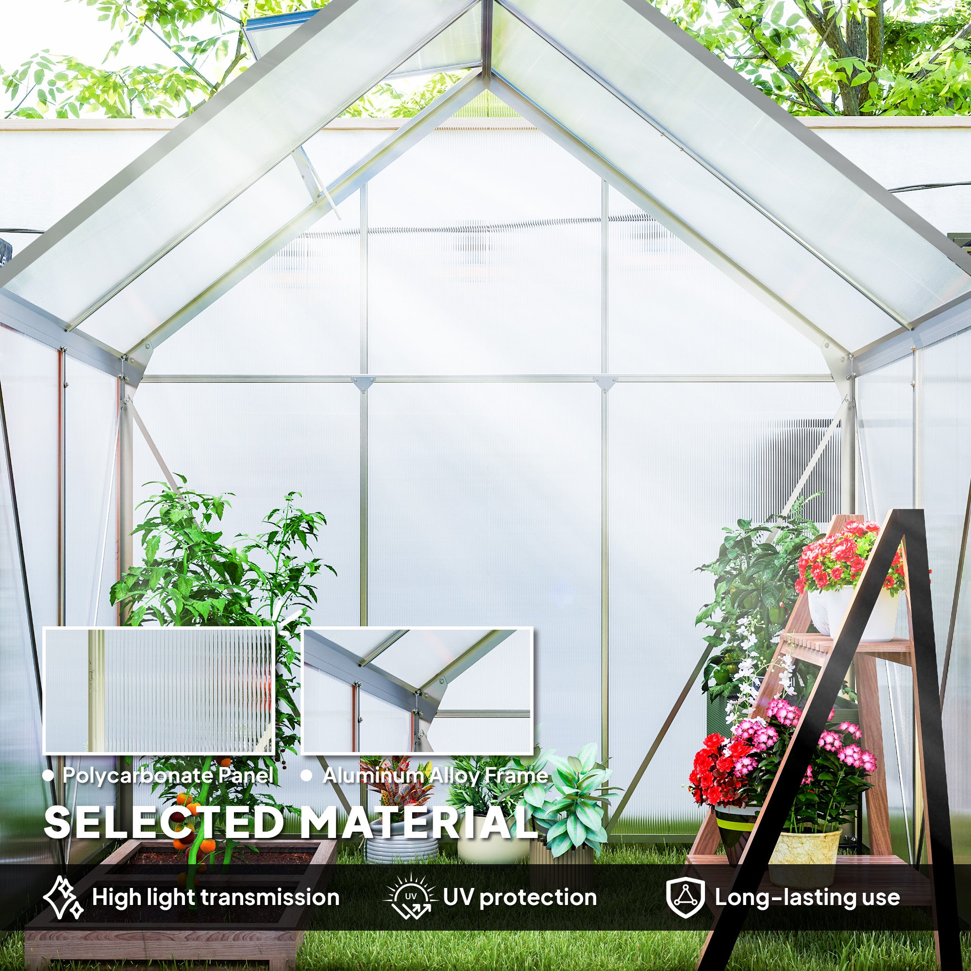 6' x 12' x 6.5' Walk-in Greenhouse, Polycarbonate Greenhouse with Adjustable Roof Vent, Base, Sliding Door, Clear