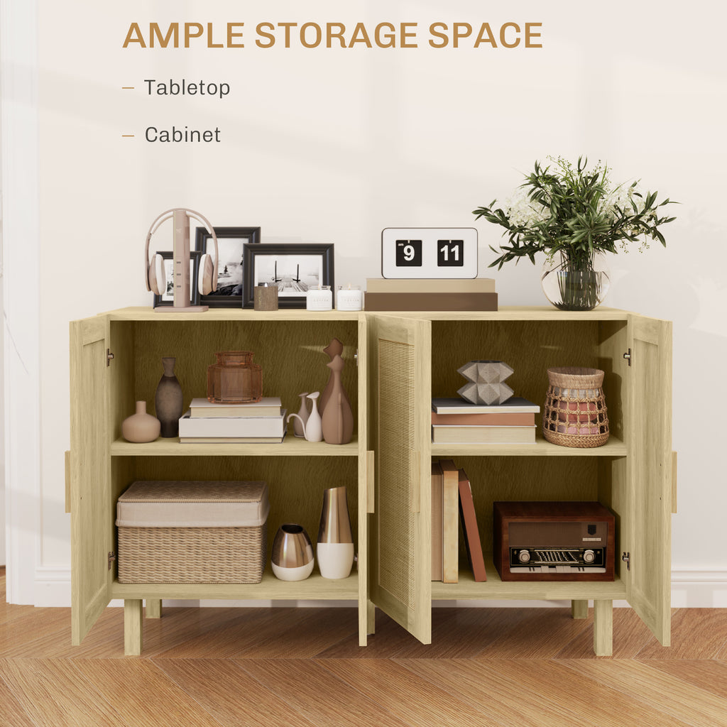 Boho Sideboard Buffet Cabinet, Storage Cabinet with 4 Rattan Doors and Adjustable Shelves, Natural