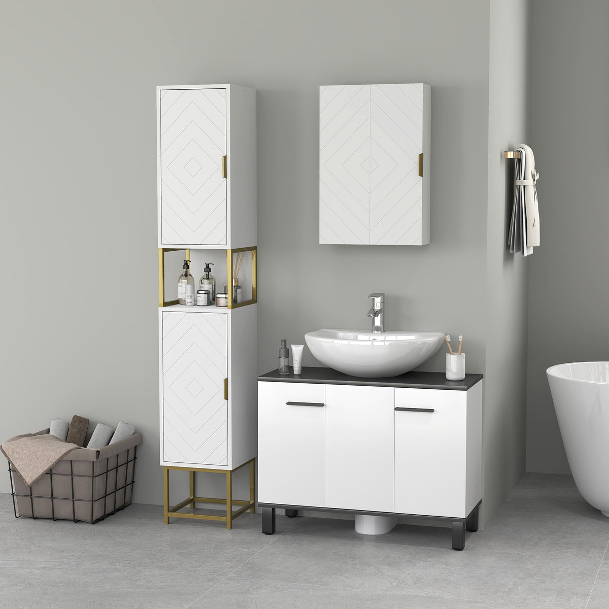 2-Piece Bathroom Storage Cabinet Set, Bathroom Cabinets with Adjustable Shelves, Free Standing, Wall-Mounted, White