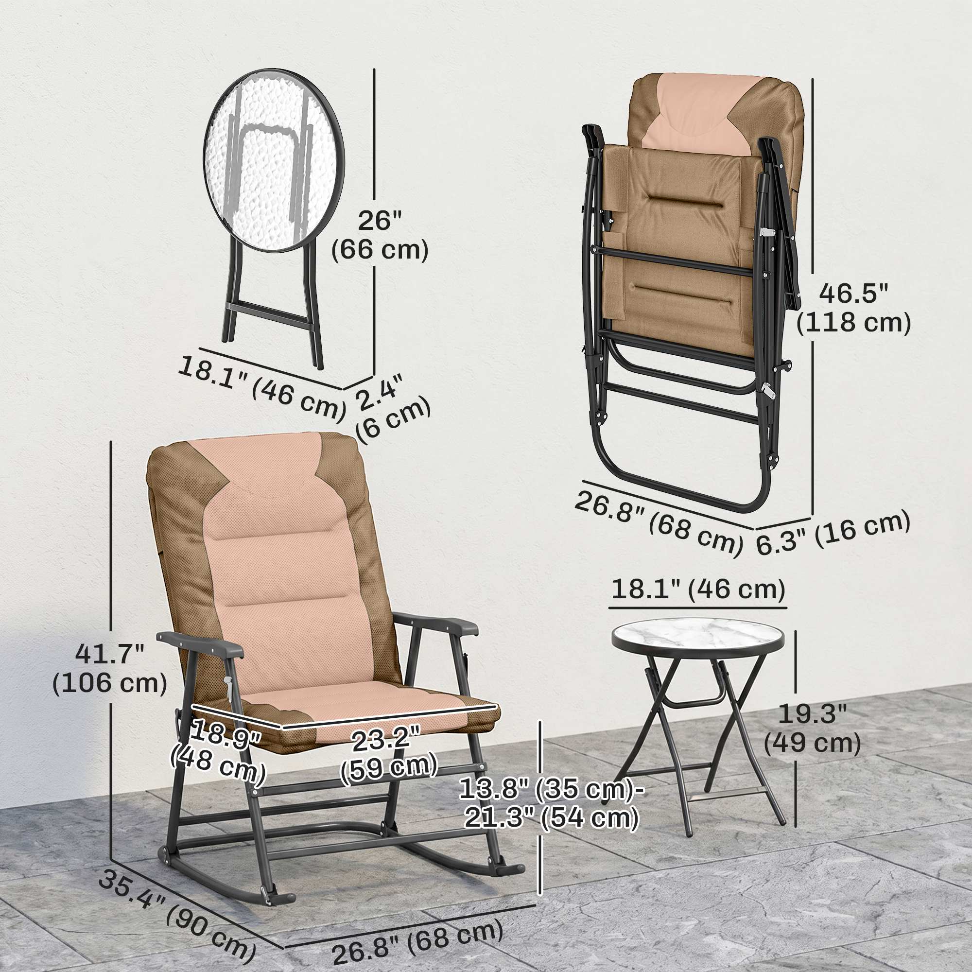 3-Piece Outdoor Foldable Rocking Chair Set, Light Brown