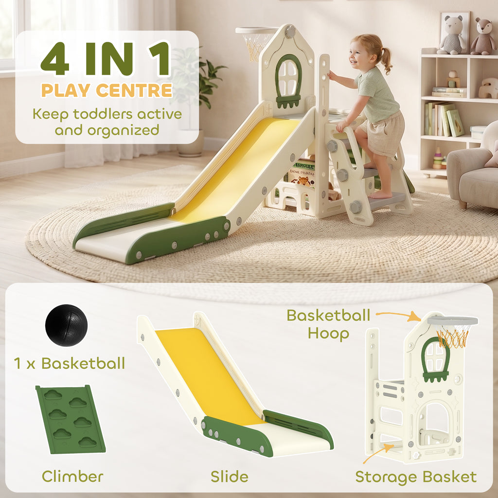 Qaba Foldable 4 in 1 Toddler Slide with Climber, Basketball Hoop, Storage Space and Basketball for Ages 1-3 Years, Cream