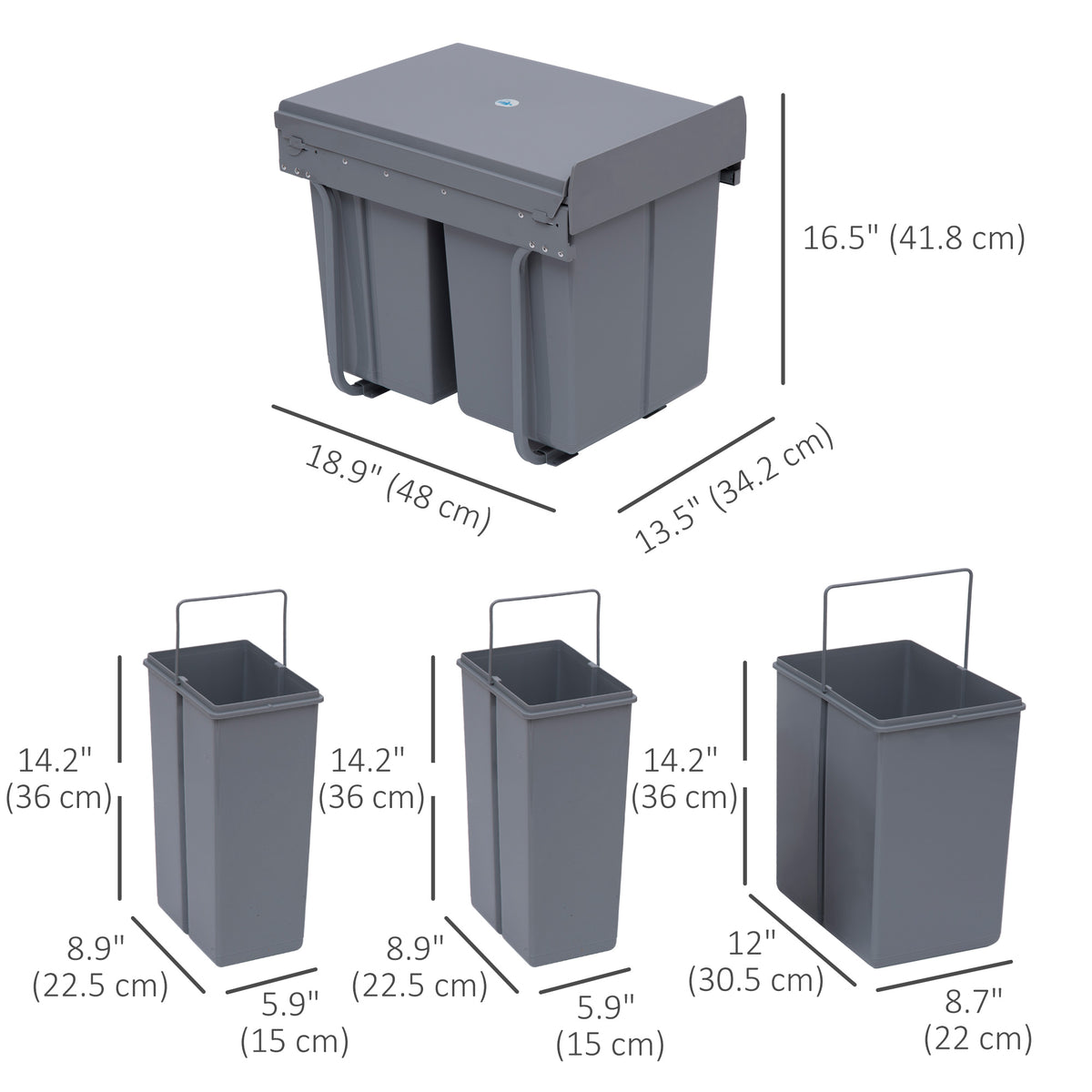 Pull Out Trash Can Under Cabinet, 10.6 Gallon (40L) Slide Out Garbage Can with 3 Removable Compartments, Grey