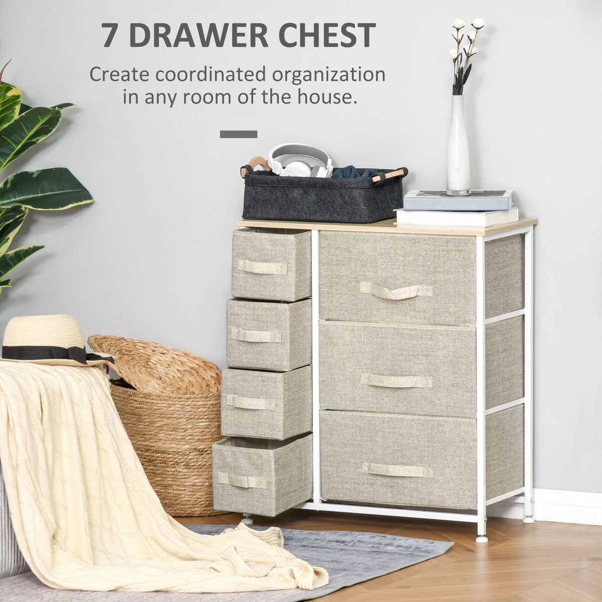 Dresser with 7 Drawers, Chest of Drawers with Metal Frame, Fabric Dresser for Living Room, Light Grey