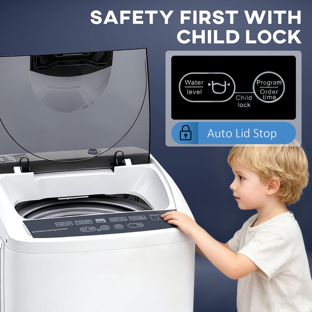 Compact Washer, Portable Washing Machine, Full Automatic Washer with 8 Programs and 6 Water Levels, White