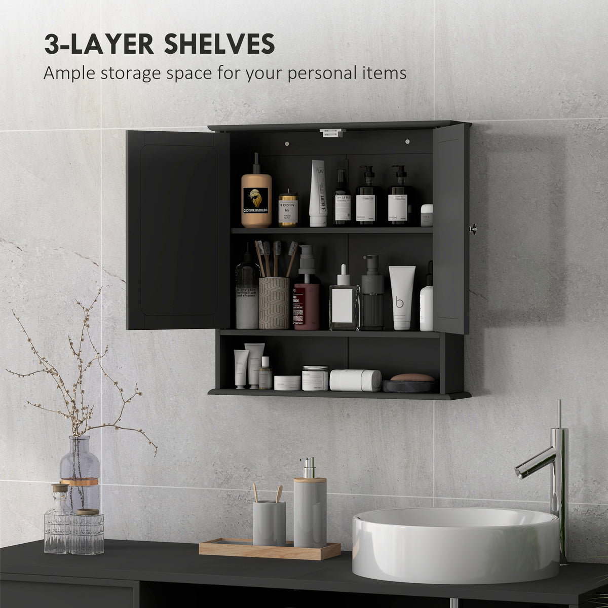 Medicine Cabinet, Wall-Mounted Bathroom Mirror Cabinet with Double Doors, Open Shelf, and Adjustable Shelf, Modern Bathroom Wall Cabinet, White