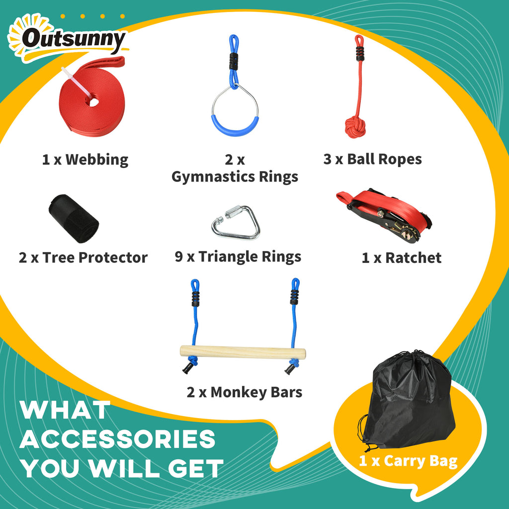 Ninja Slackline Set, 30-Piece, 10m Rope with Obstacles, Climbing Frame, Playset Equipment for Children Aged 3-6