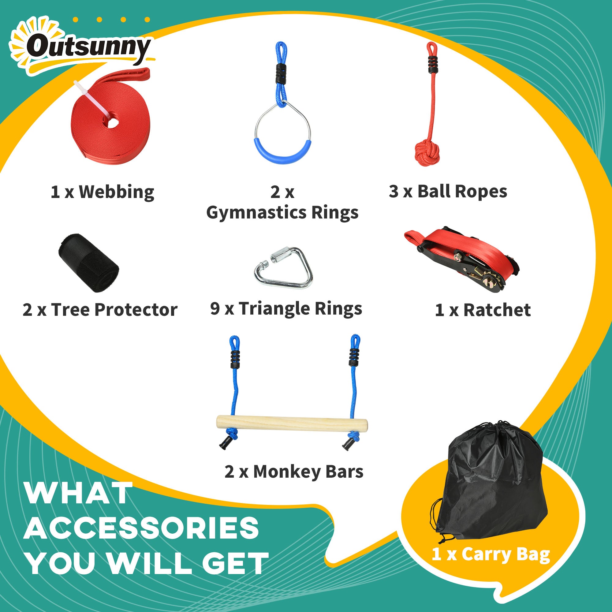 Ninja Slackline Set, 30-Piece, 10m Rope with Obstacles, Climbing Frame, Playset Equipment for Children Aged 3-6