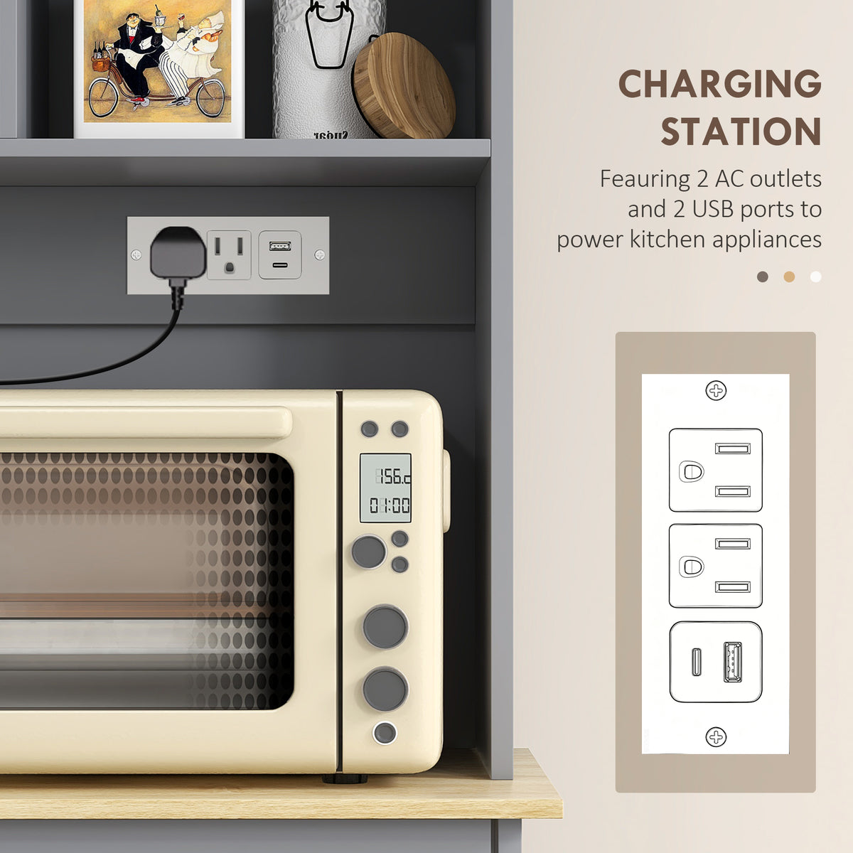 Kitchen Cabinet with Charging Station, 2 Tilt Out Cabinets, Microwave Stand, Freestanding Kitchen Pantry Cabinet, White
