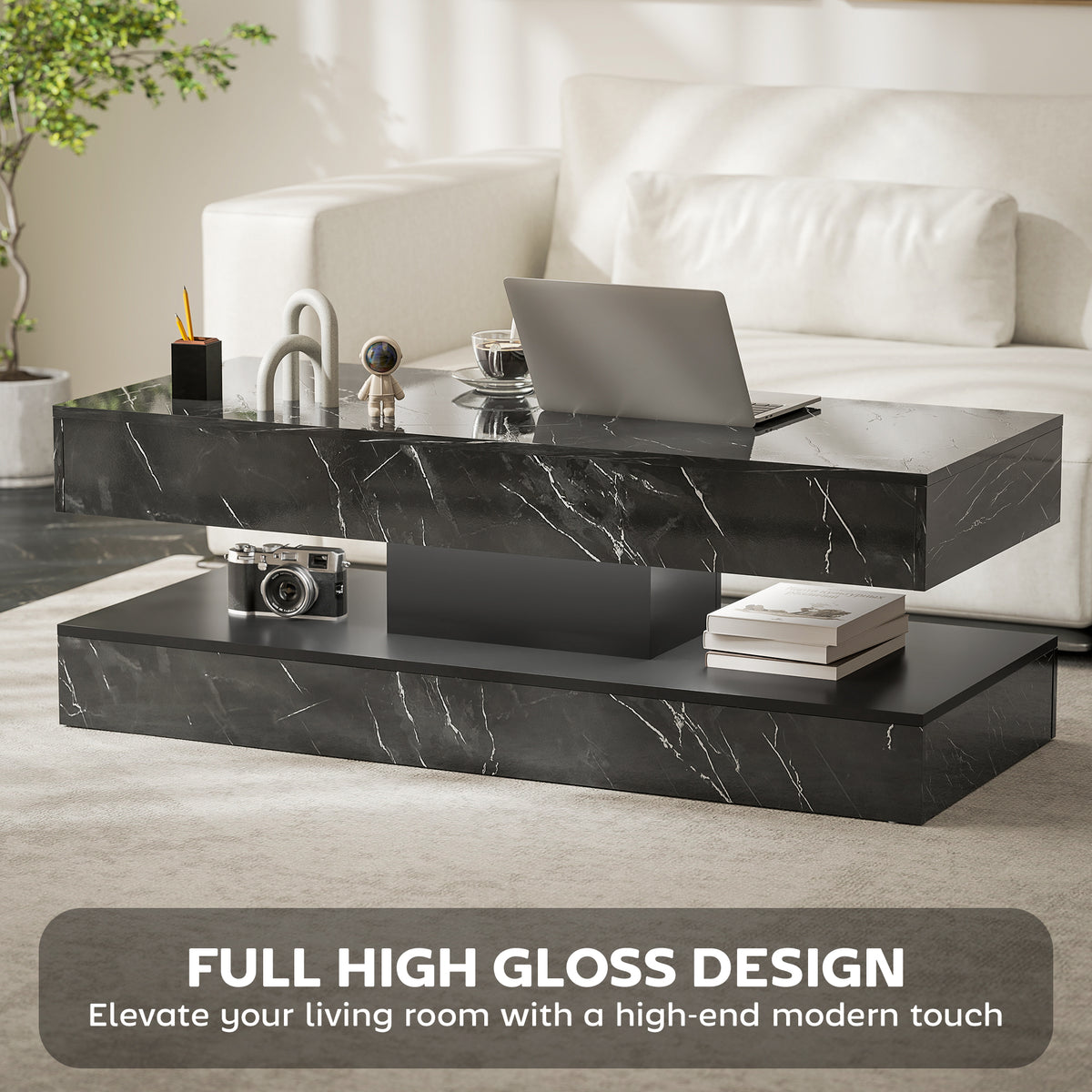 Coffee Table with Adjustable LED Lights, Center Table with 2 Drawers, Open Shelf, Remote, High Gloss Marble-Effect White