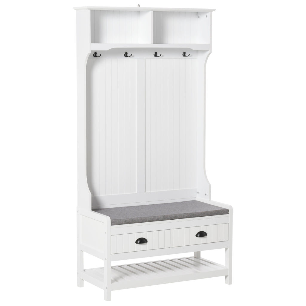 Coat Rack Shoe Bench, Hall Tree with Bench and Shoe Storage, Entryway Bench with 4 Hooks, 2 Drawers, 2 Shelves, White