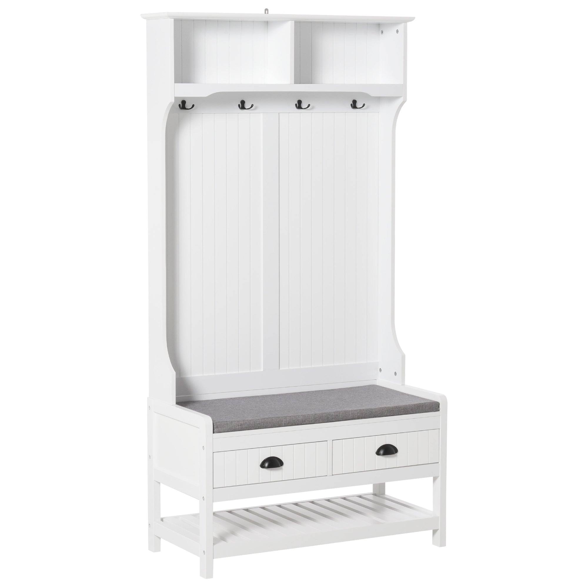 Coat Rack Shoe Bench, Hall Tree with Bench and Shoe Storage, Entryway Bench with 4 Hooks, 2 Drawers, 2 Shelves, White