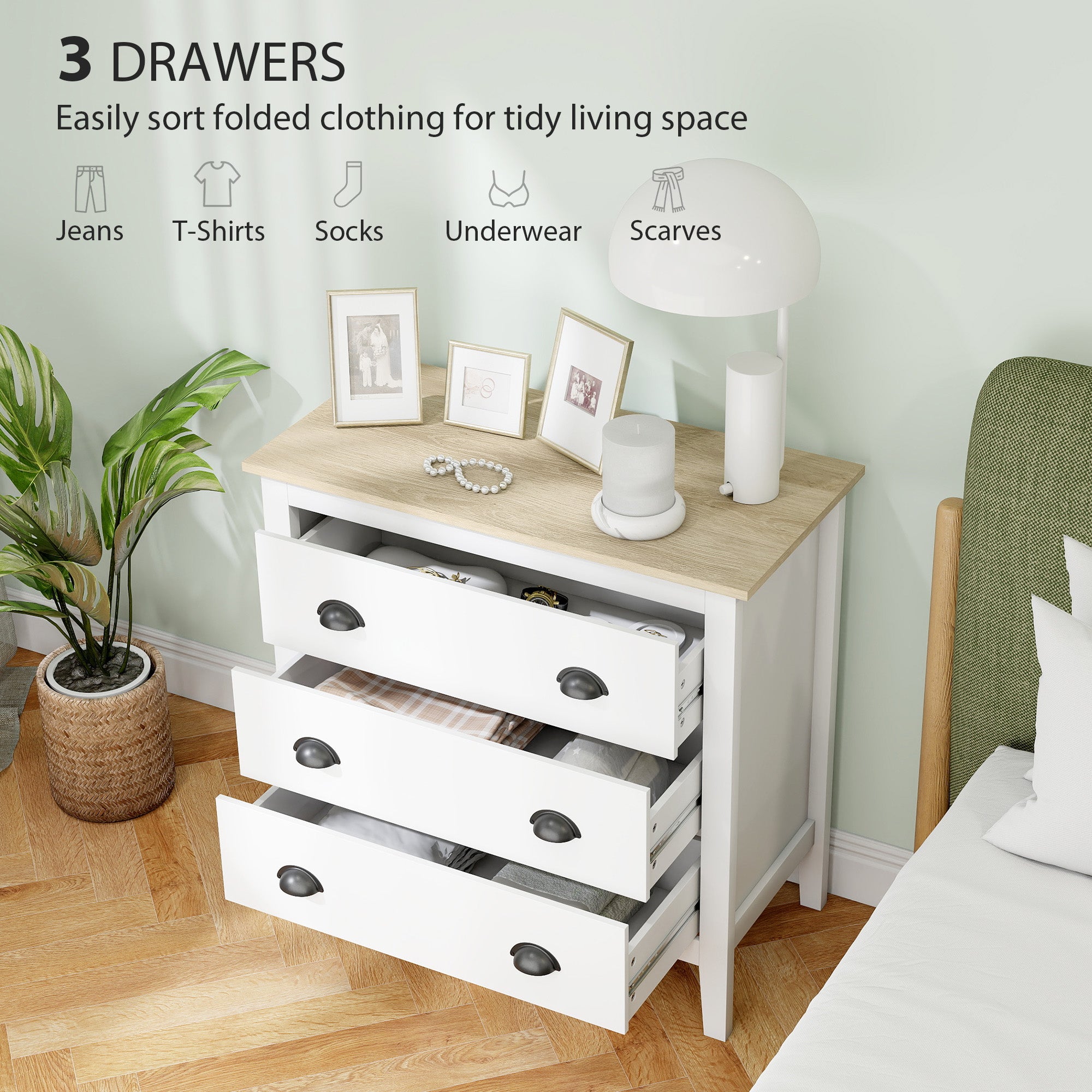 Chest of Drawers with Anti-Tipping, Simple Setup, Easy Clean, Quiet Slides, Modern 3 Drawer Dresser, White