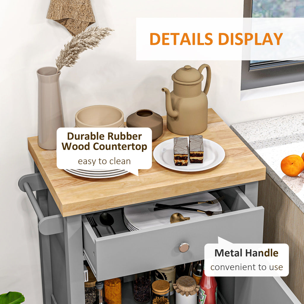 Kitchen Cart on Wheels, Rolling Kitchen Island Cart with Wood Top, Towel Rack, Drawer and Shelf for Dining Area, White