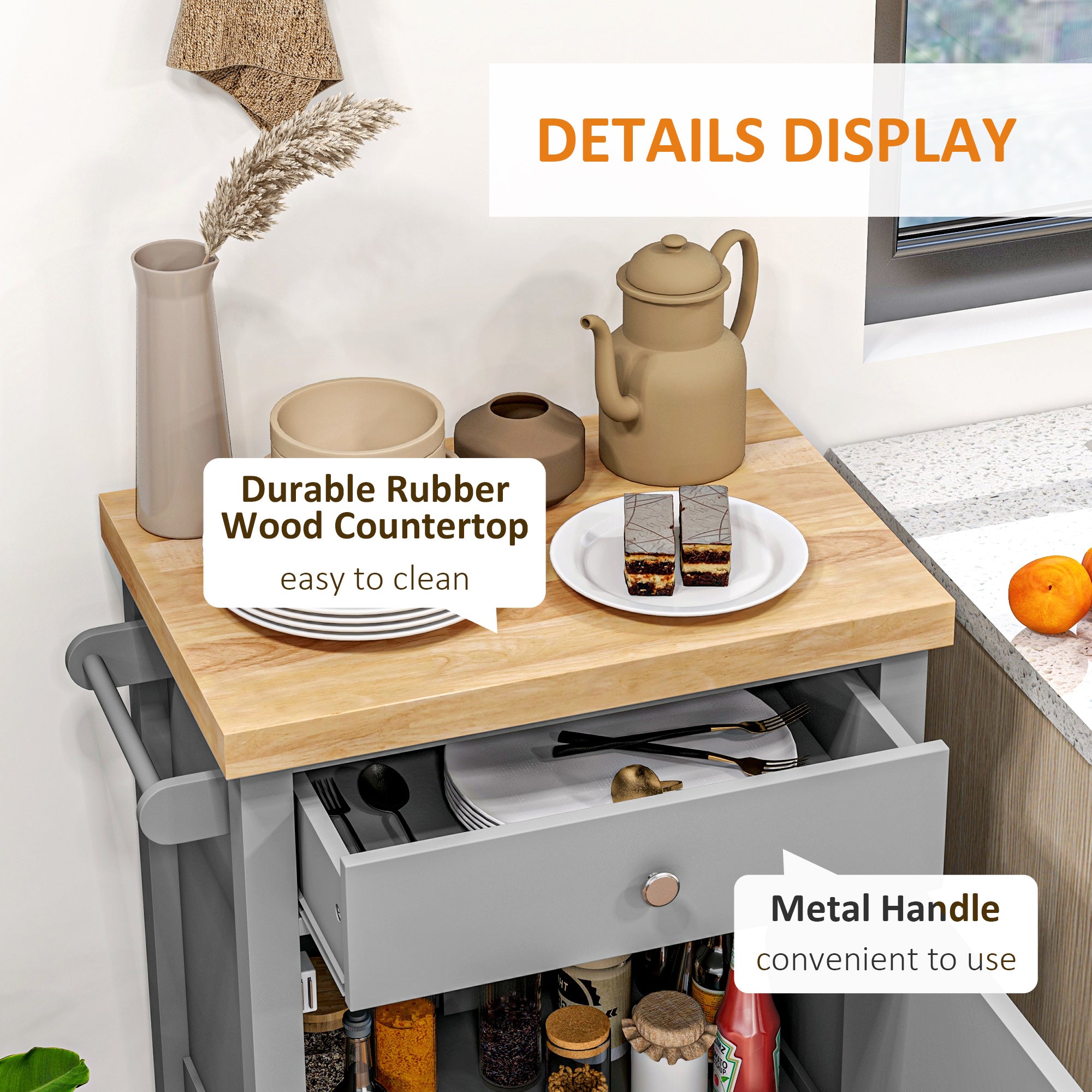 Kitchen Cart on Wheels, Rolling Kitchen Island Cart with Wood Top, Towel Rack, Drawer and Shelf for Dining Area, White
