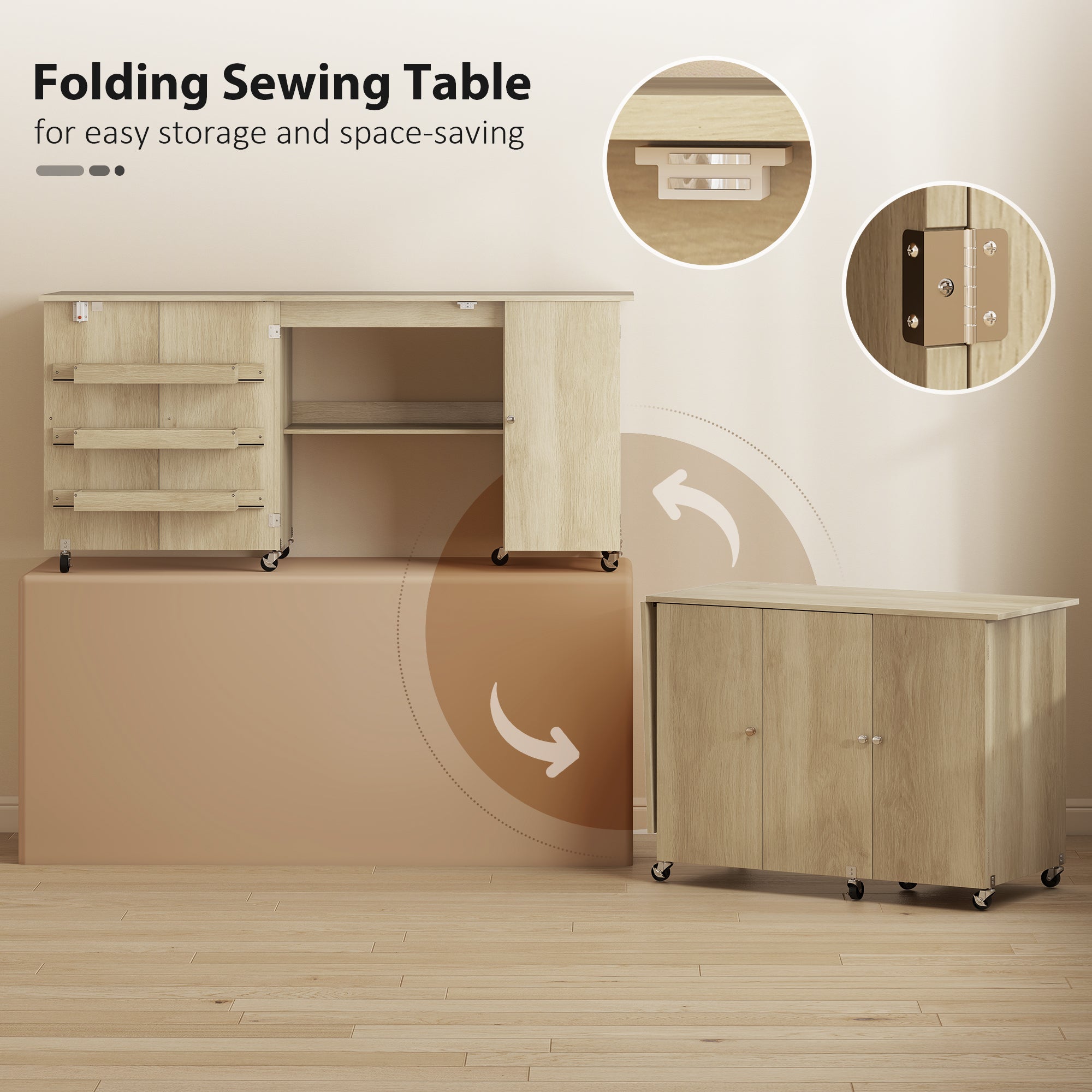 Sewing Machine Table with Drop Leaf, Folding Craft Table with 2 Doors and Adjustable Shelf for Small Spaces, Natural