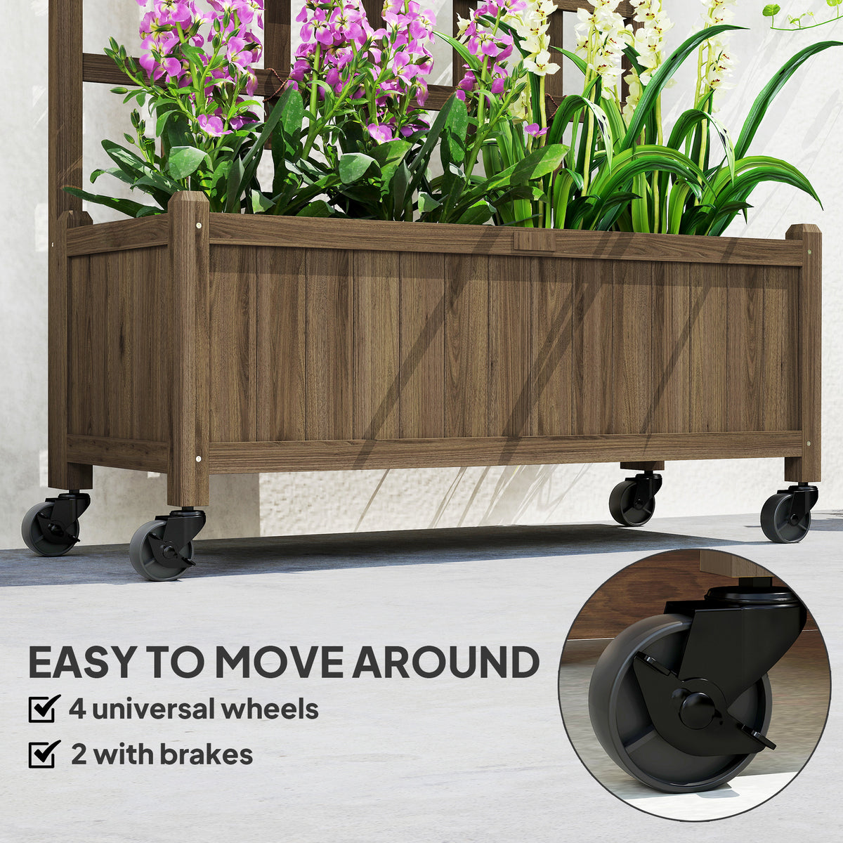 Wooden Planter with Trellis, Raised Garden Bed with Wheels, Drainage Holes for Climbing Plants, Flowers, Brown