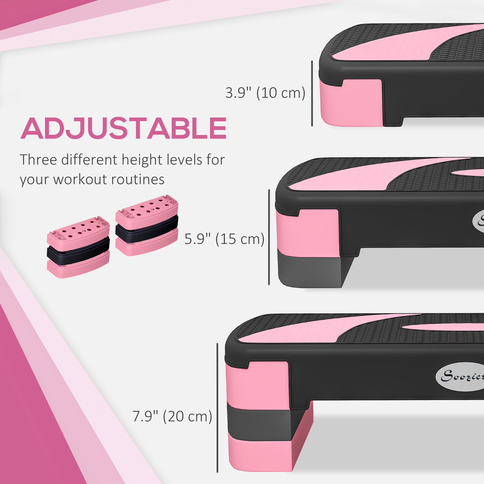 Soozier Adjustable Aerobic Stepper, Exercise Step Platform, Step Exercise Trainer, Workout Fitness Yoga Risers, 4"-6"-8", Pink