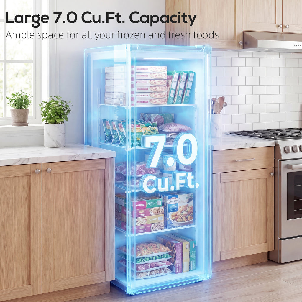 7.0 Cu.Ft Upright Freezer, Compact Stand Up Freezer with 6 Adjustable Shelves, Reversible Door for Home Office, Silver