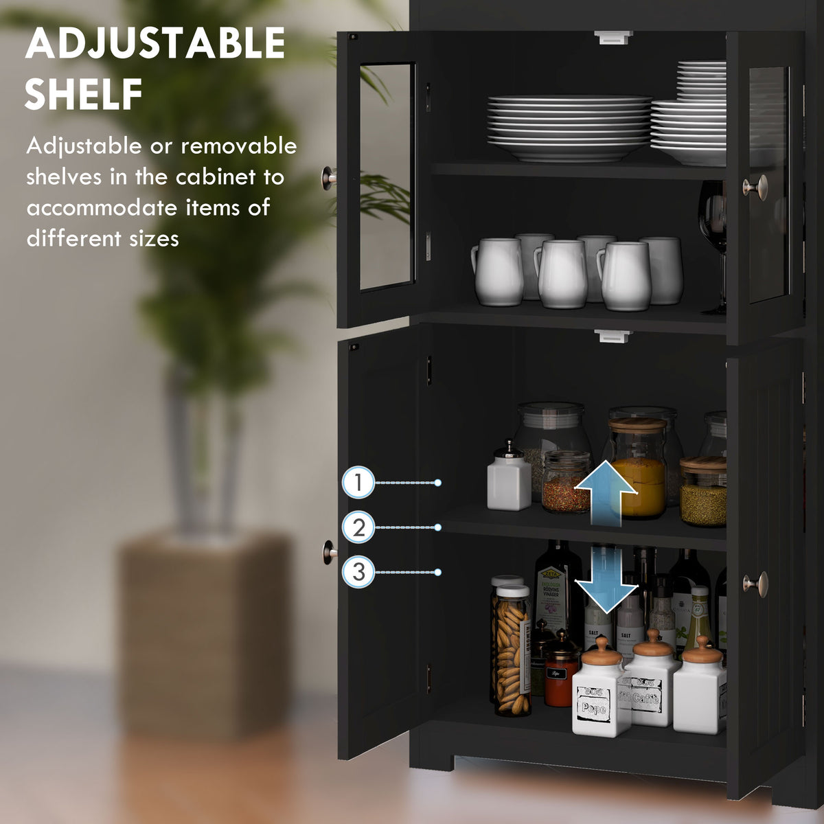 63" Small Buffet with Hutch, 4-Door Kitchen Pantry Storage Cabinet with Adjustable Shelf for Dining Room, Black