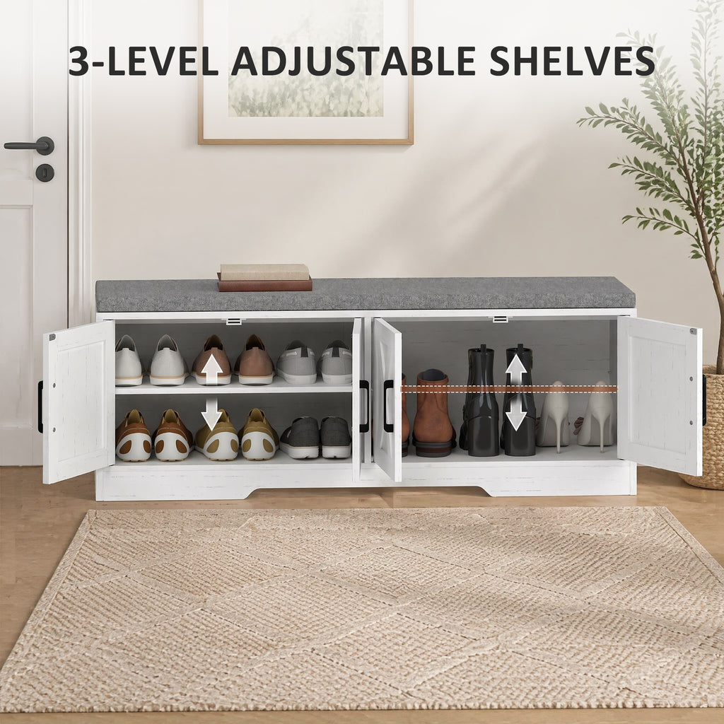 Shoe Bench with Cushion Shoe Storage Bench with Doors Adjustable Shelves for Entryway, White