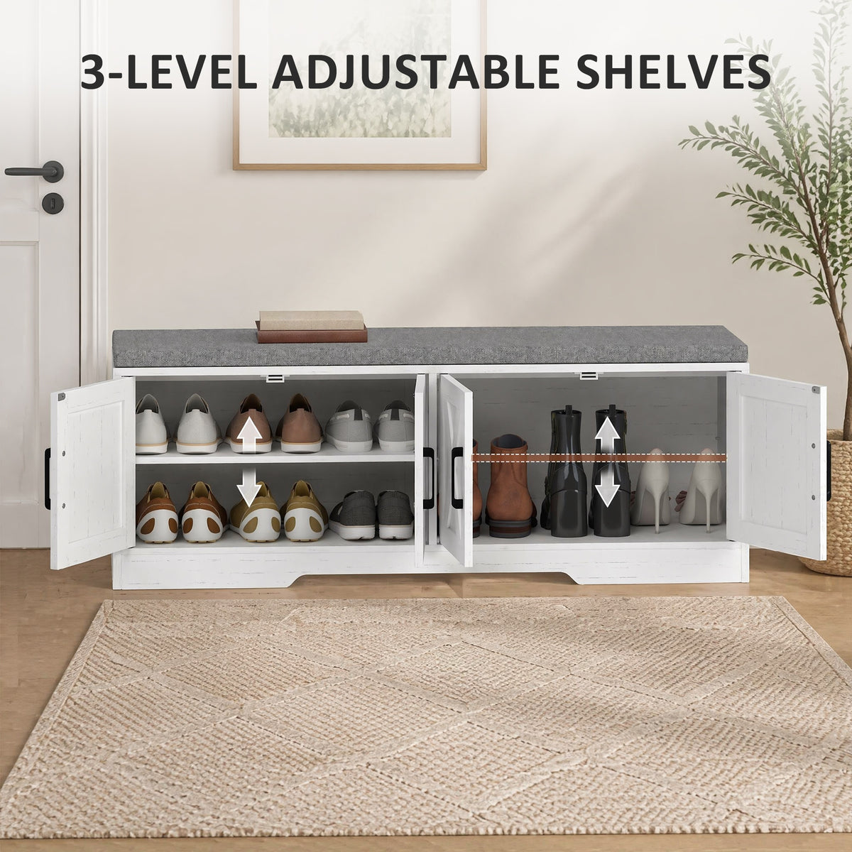 Shoe Bench with Cushion Shoe Storage Bench with Doors Adjustable Shelves for Entryway, White