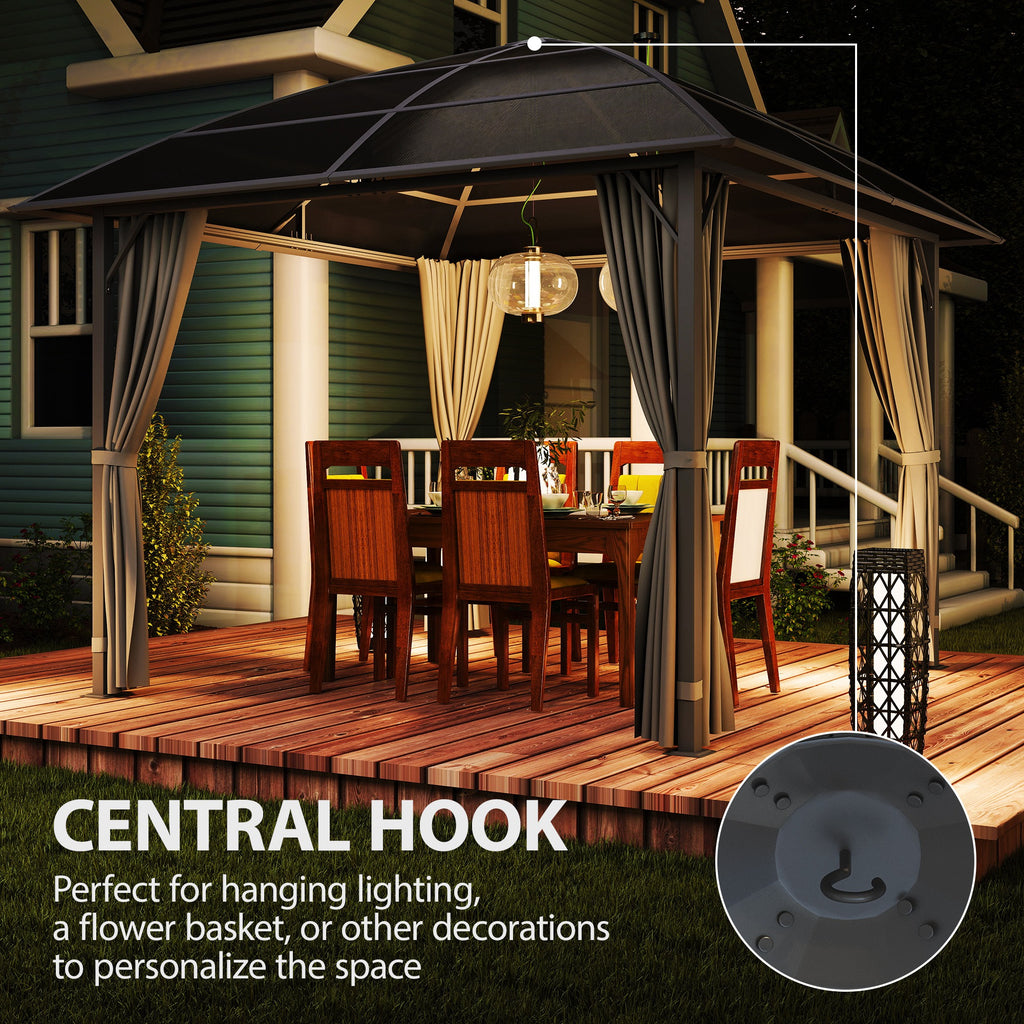 10' x 10' Outdoor Hardtop Gazebo Canopy with UV50+ Polycarbonate Roof, Steel Frame, Central Hook, Curtains, Light Grey