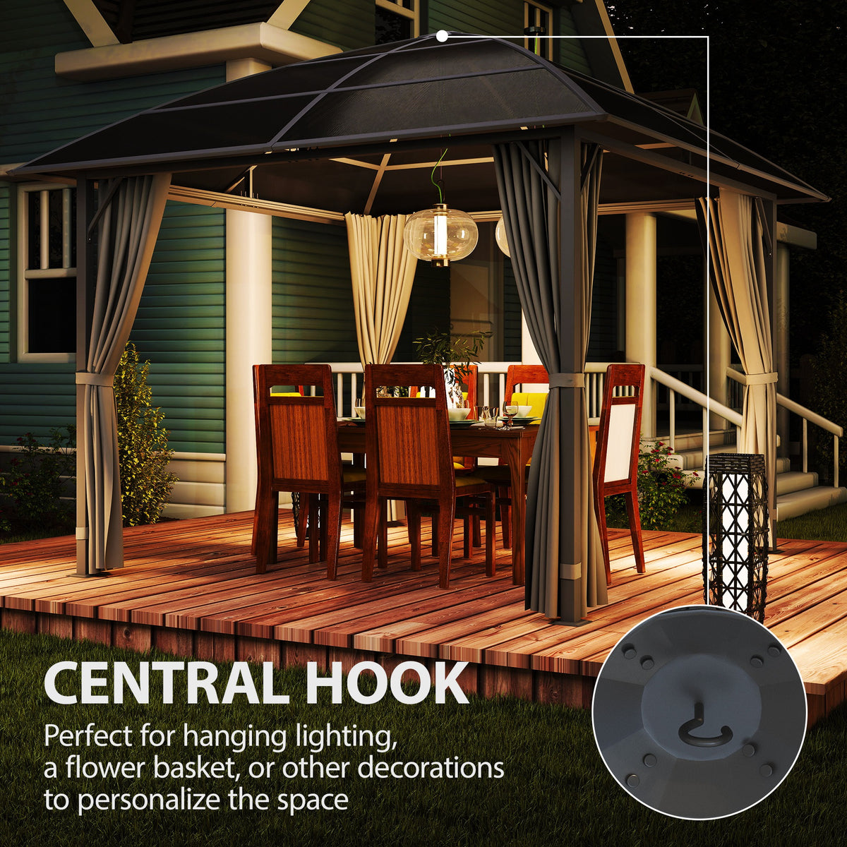 10' x 10' Outdoor Hardtop Gazebo Canopy with UV50+ Polycarbonate Roof, Steel Frame, Central Hook, Curtains, Light Grey