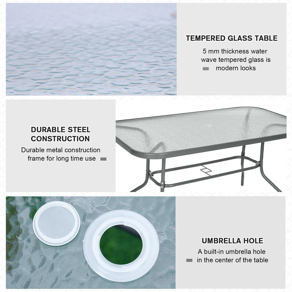 Metal Garden Dining Table with Umbrella Hole, Outdoor Patio Table with Tempered Glass Top, 47.25" x 31.5"
