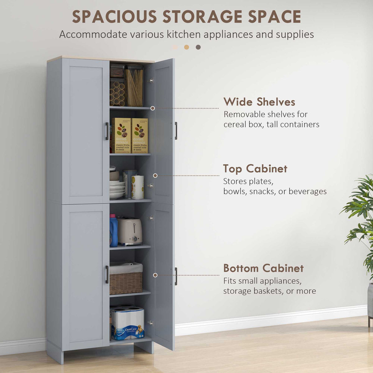 67" 4-Door Kitchen Pantry Cabinet, Freestanding Storage Cabinet Cupboard with Adjustable Shelves, White