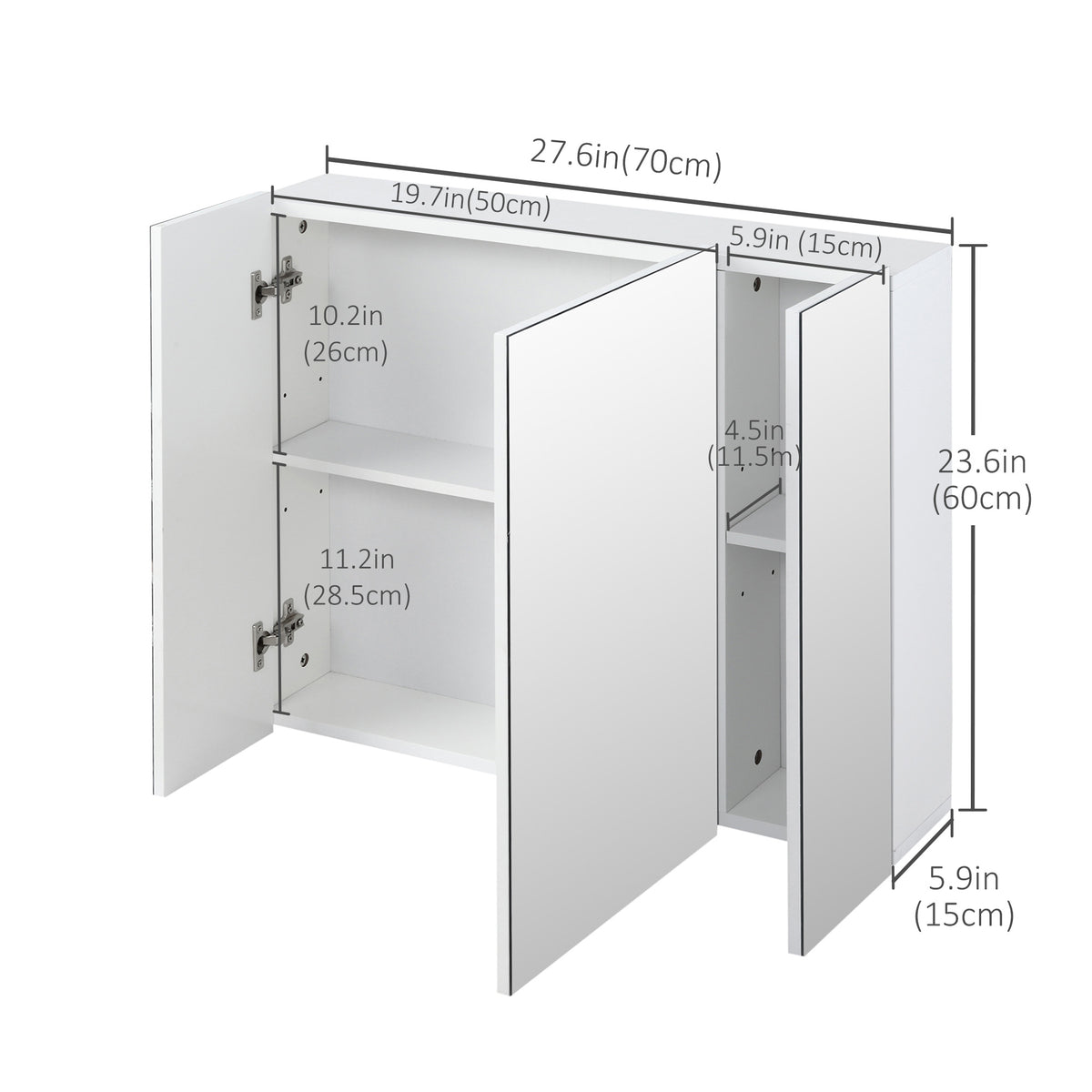 28" x 24" Wall Mounted Mirror Cabinet, Bathroom Medicine Cabinet with Mirror, 3 Doors and Adjustable Shelves, White