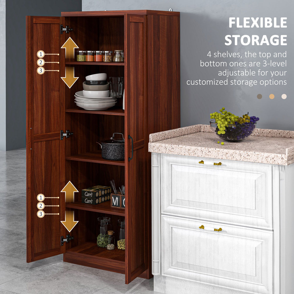 63" Kitchen Storage Cabinet, 5-tier Pantry Cabinet with Doors and Adjustable Shelves for Dining Room, Tan
